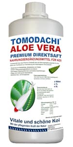 Tomodachi Aloe Vera Direktsaft für Koi stärkt das Immunsystem der Fische und hält die Koi gesund.